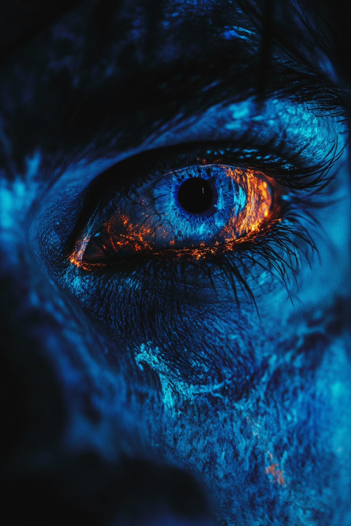 Glowing eyes in the dark, flickering, realistic image, photoshop, maximalism