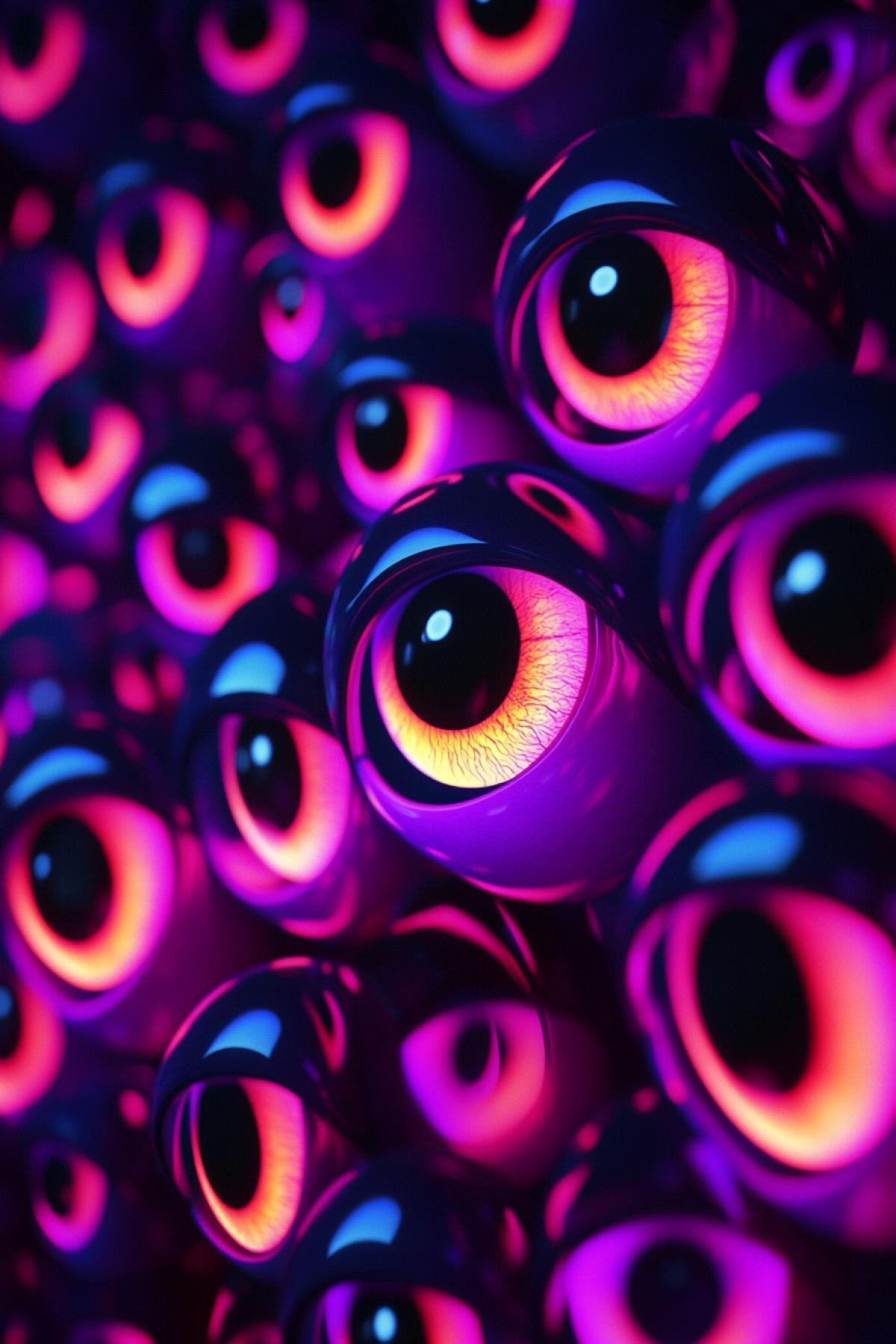 Cartoon eyes in the dark, neon, sarcasm, maximalism, flickering, realistic image, photoshop