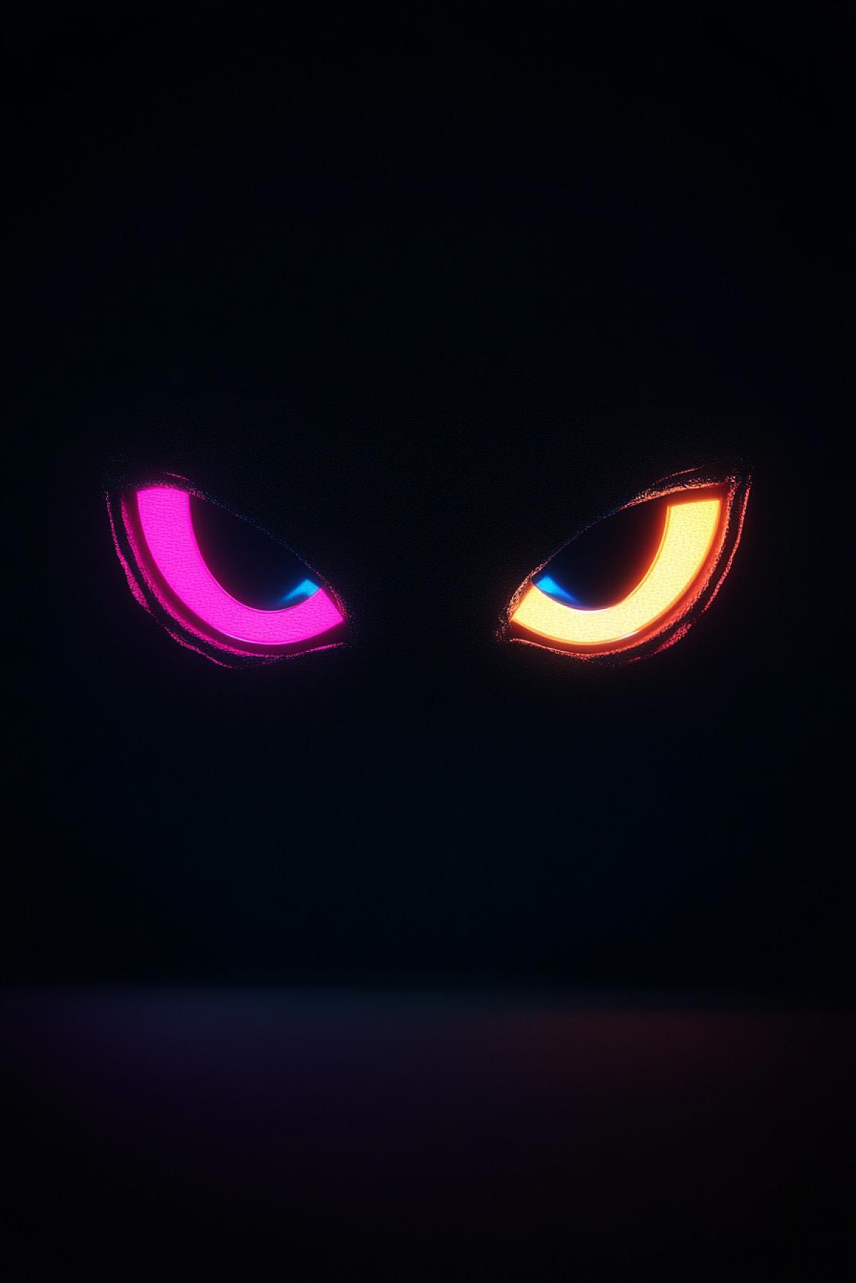 Cartoon eyes in the dark, neon, sarcasm, flickering, realistic image, photoshop