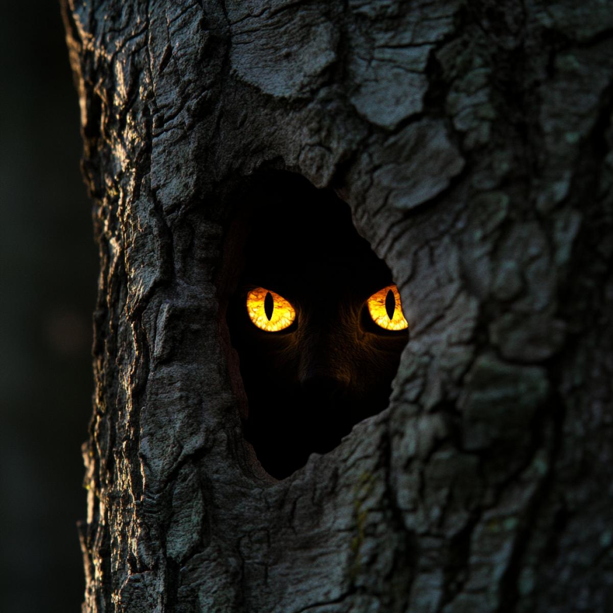 Glowing eyes from a dark hollow in a tree