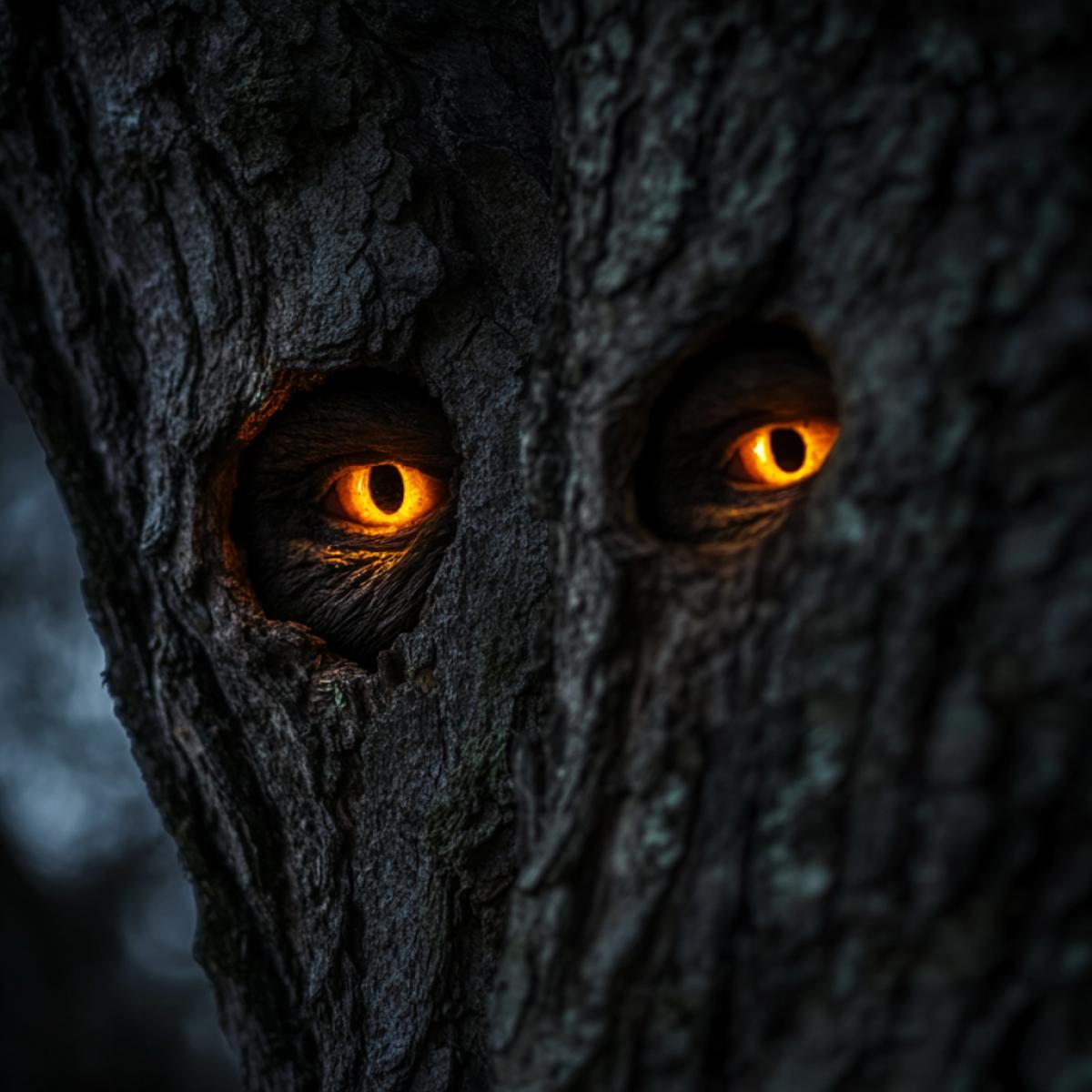 Glowing eyes from a dark hollow in a tree