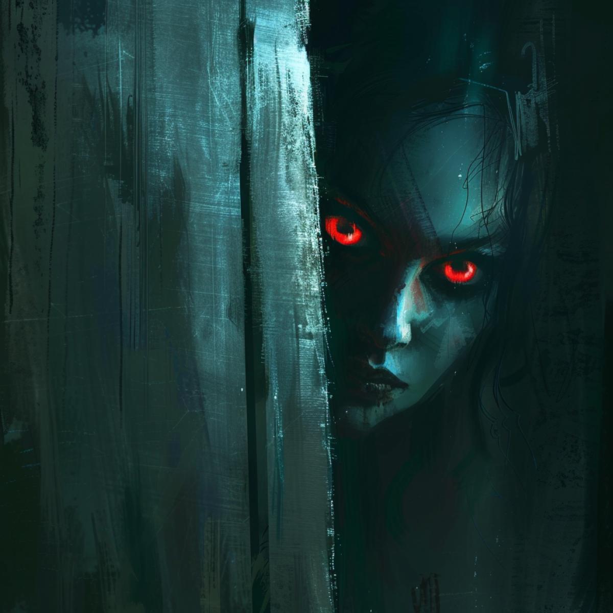 in a dark, dark room nothing is visible, only mysterious eyes glow in the dark, the red eyes of a vampire