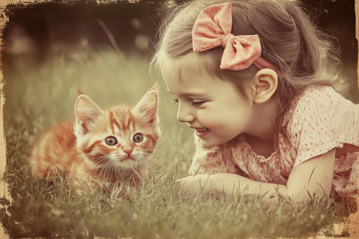 Vintage retro photo of a kitten with a bow and a girl