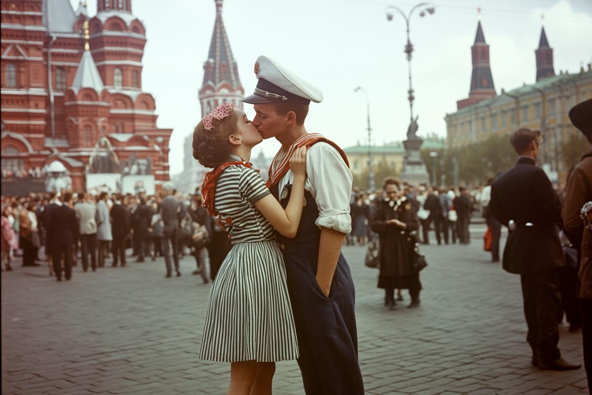 Archival photo, retro shooting on fujifilm, a young sailor kisses a girl on Red Square