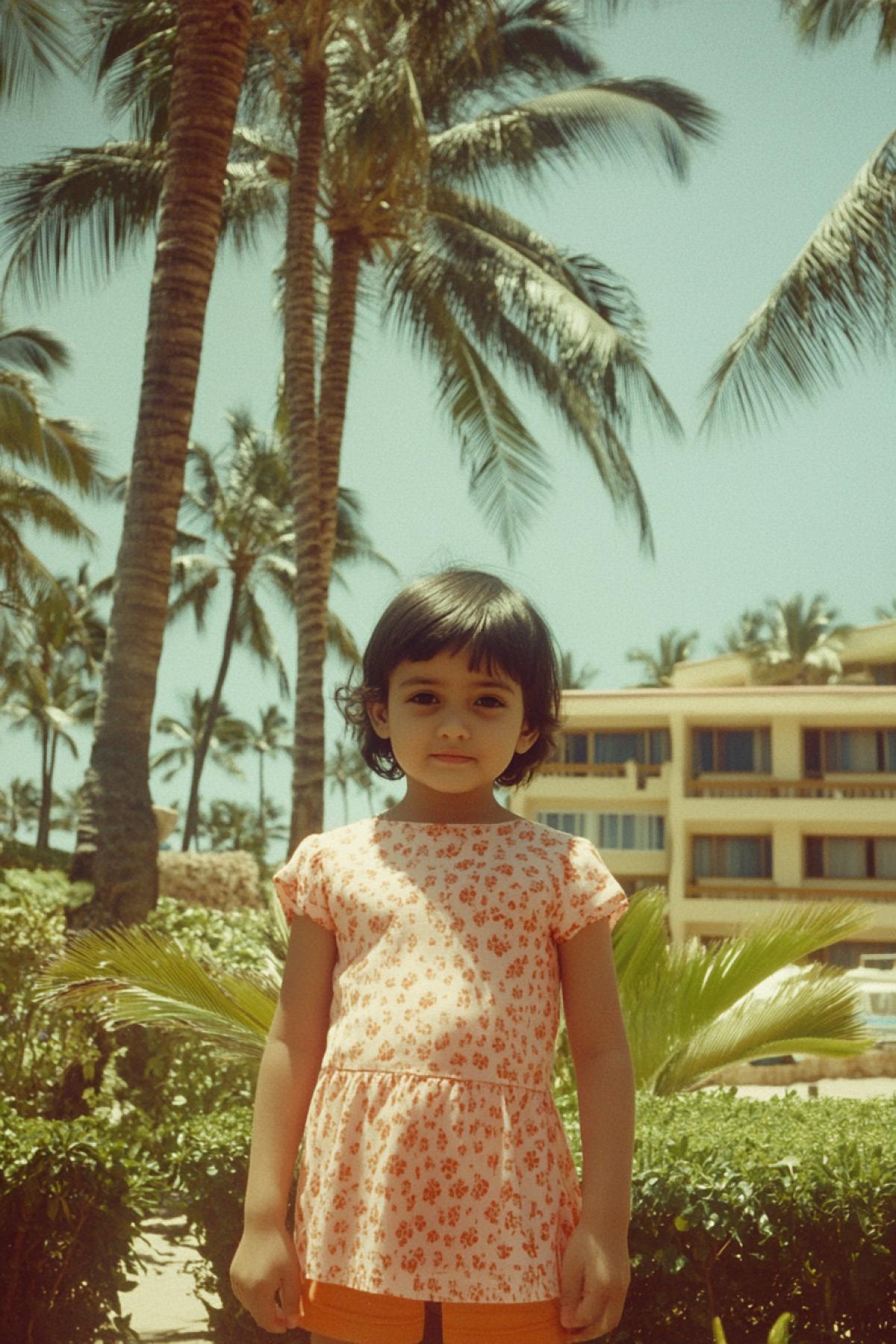 photo of a child against the backdrop of a resort photographed in the 80s on Agfa film