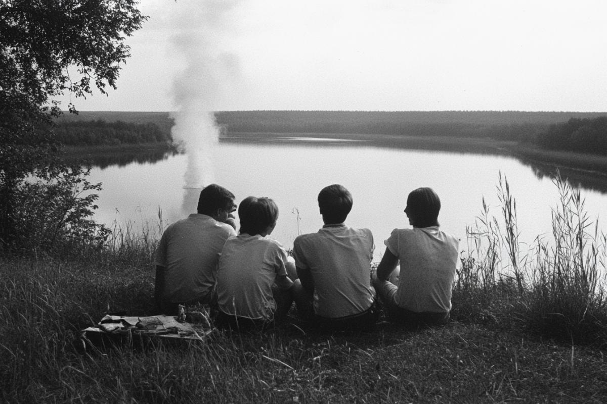 a group of people having a rest in nature, photographed in the 80s on dark and white film from the Kazan Tasma plant
