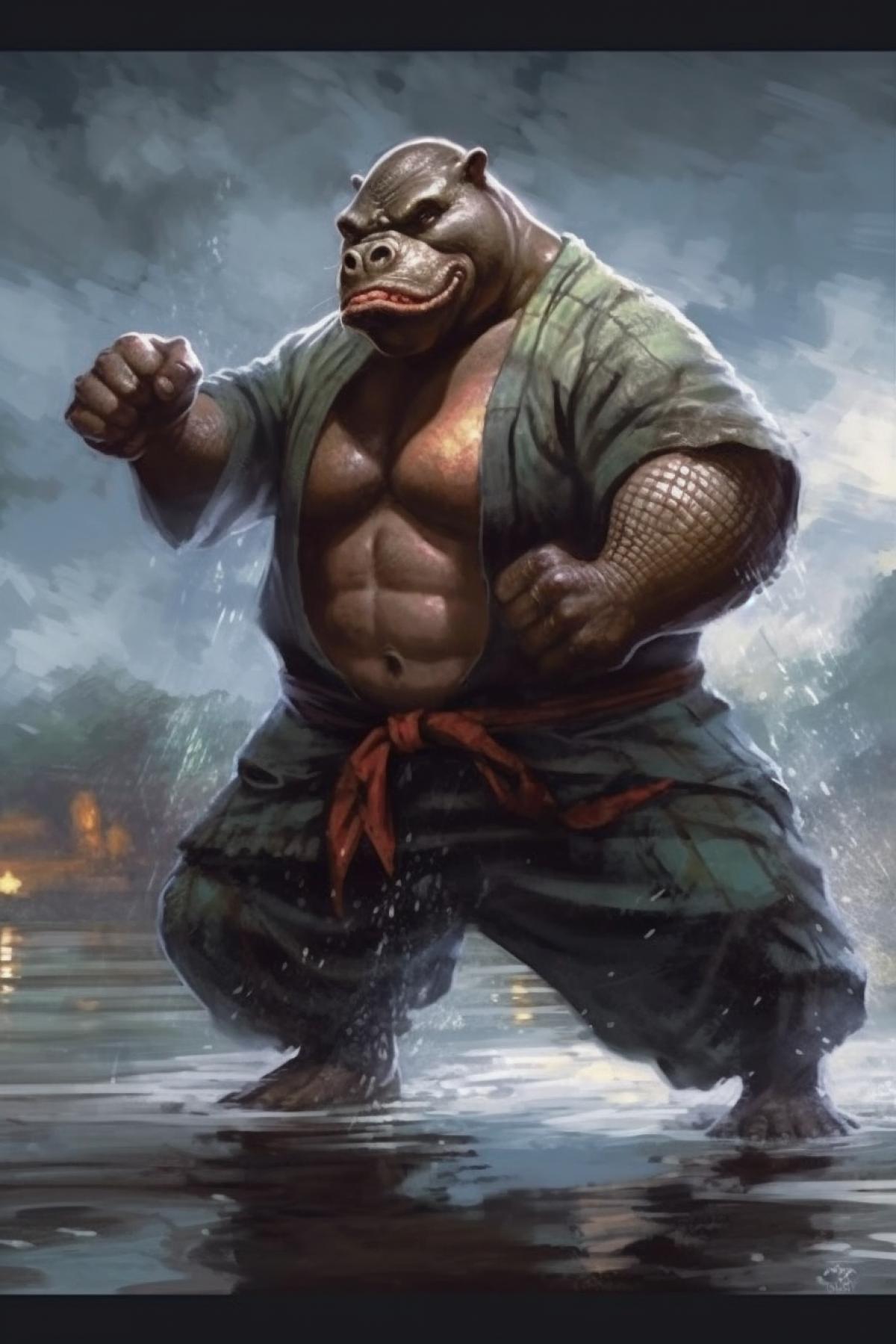 Hippopotamus fighter in mortal combat style