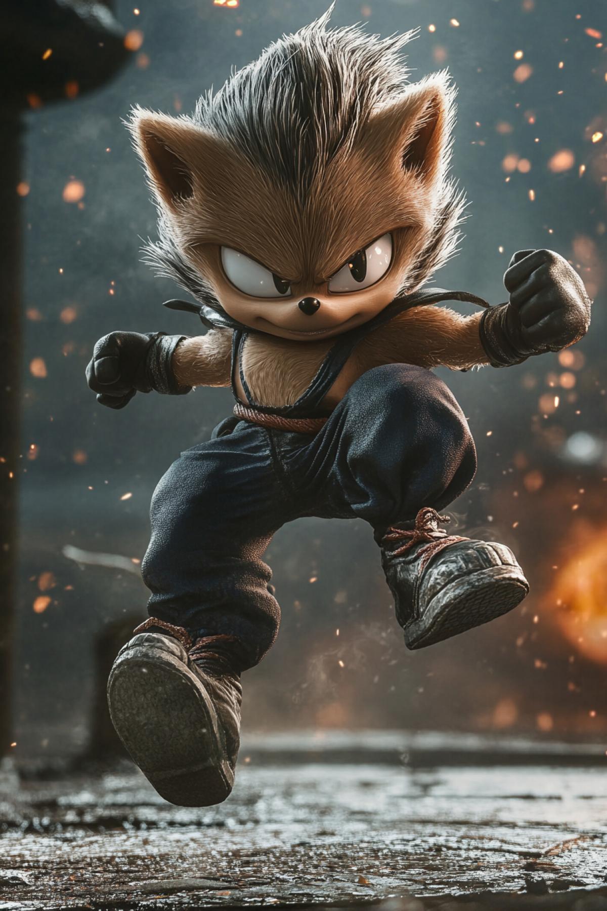 Hedgehog fighter in the style of the game mortal kombat jumping with a kick