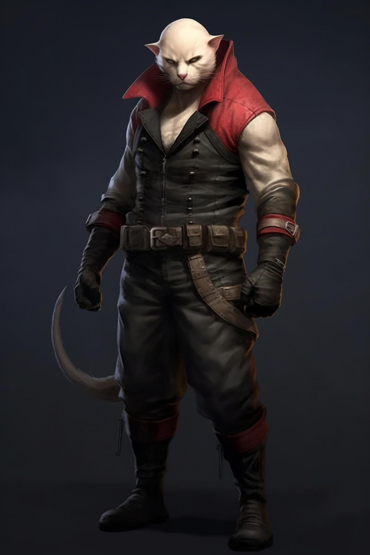 The cat is a bald muscular fighter in the style of mortal combat