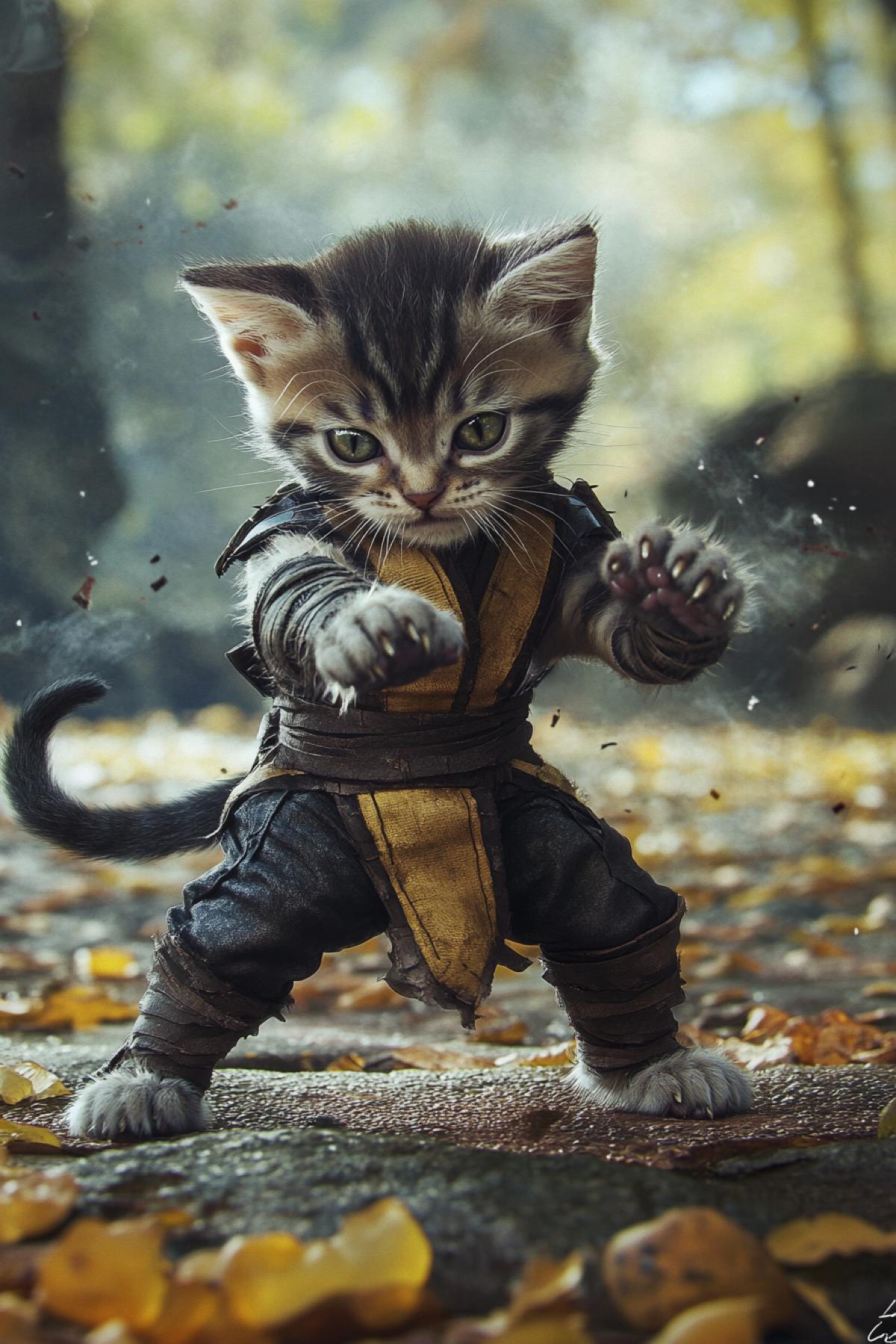 A frightened little kitten who was forced to become a monster fighter from the game mortal kombat, mortal kombat game style