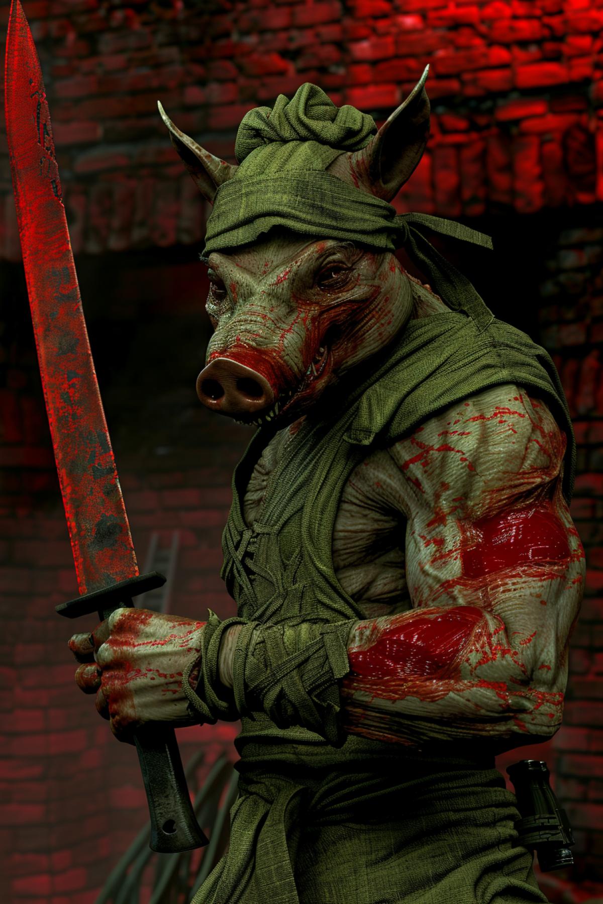 Aggressive pig fighter in a chefs hat in the style of mortal combat