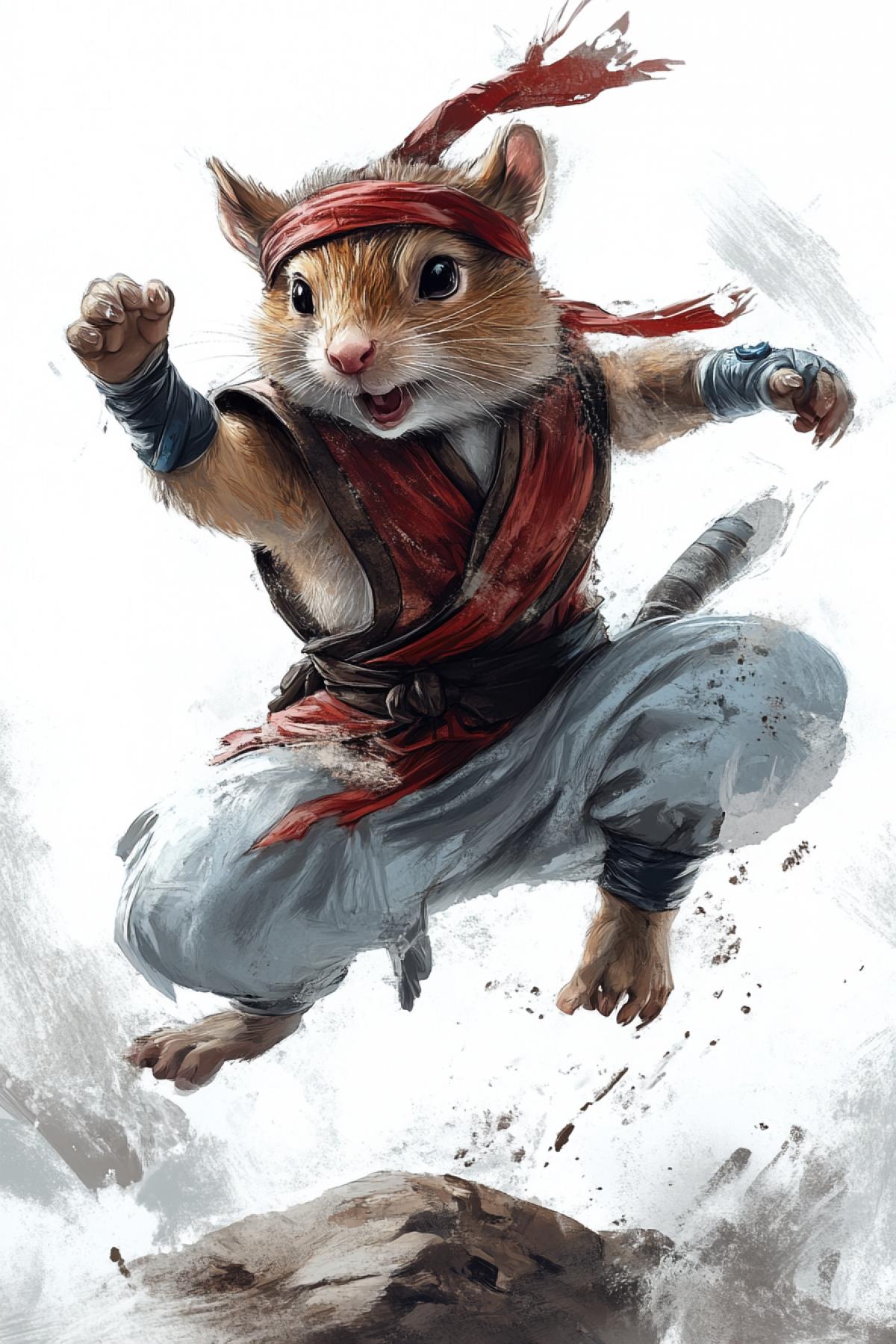 Hamster Milota Kenai in the image of a monster fighter from the game mortal kombat in a jump with a kick, mortal kombat style