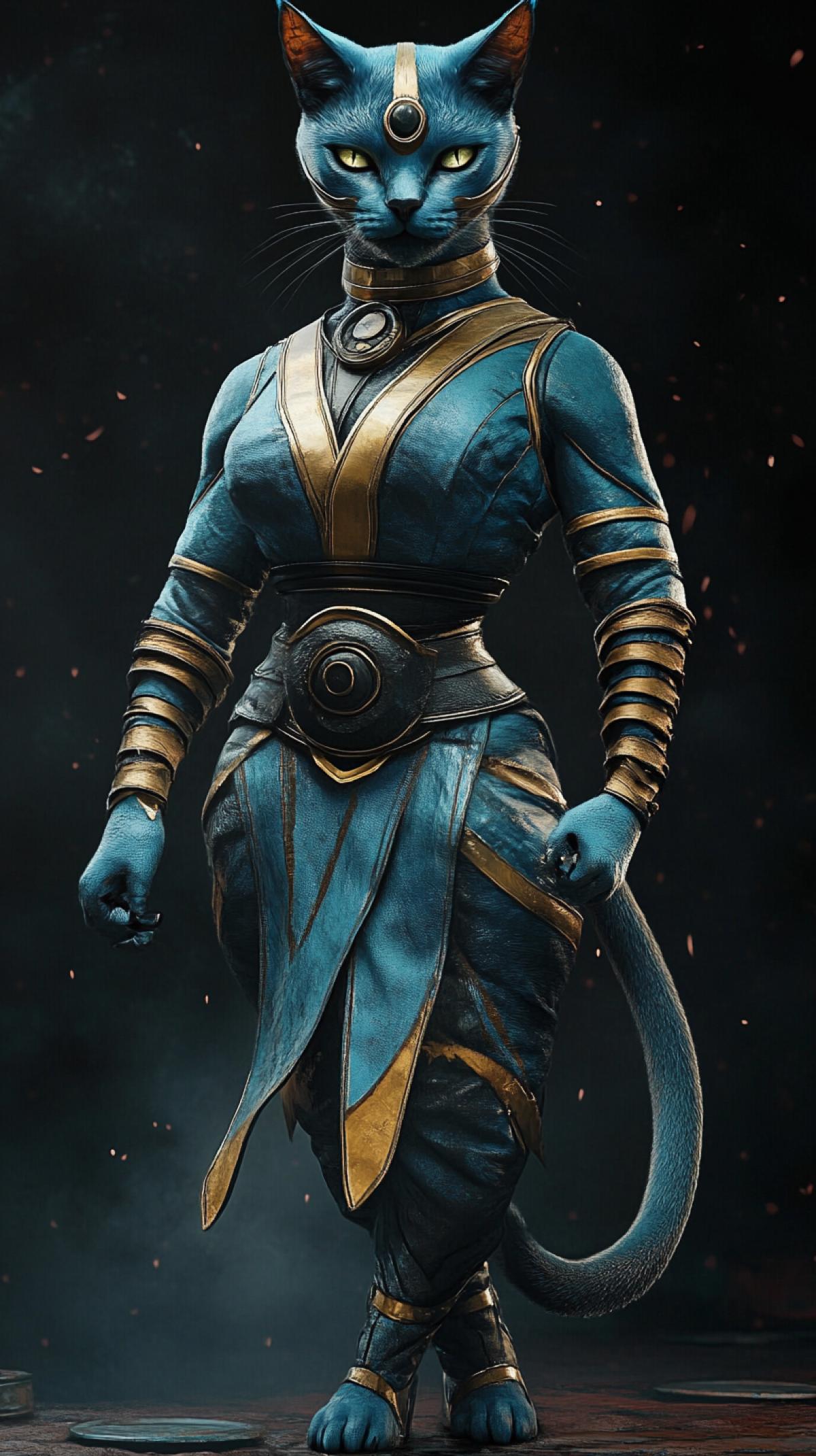 Full-length cat in the image of Kitana from mortal kombat