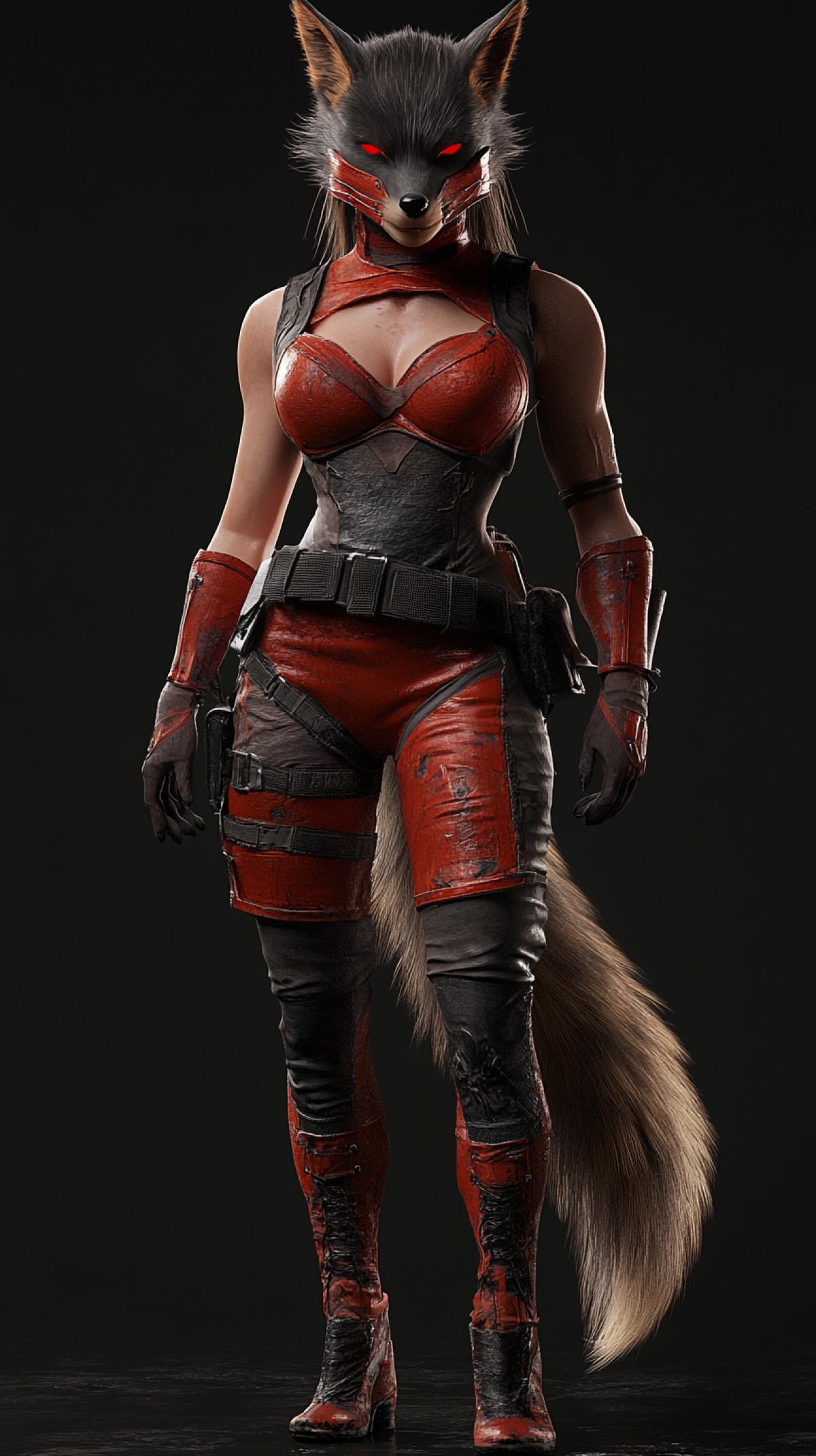 Full-length animalistic fox in the image of Mileena from the game mortal kombat, cg, hd rendering