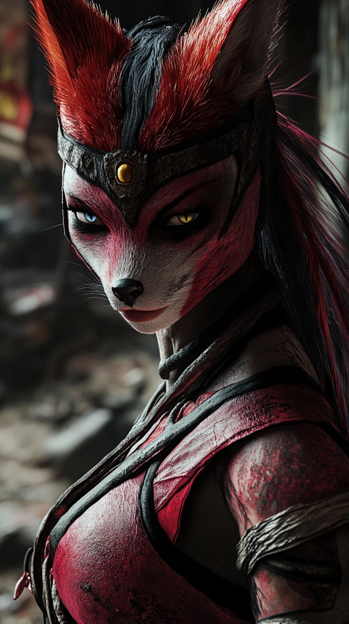 Animalistic fox in the image of Mileena from the game mortal kombat, cg, hd rendering
