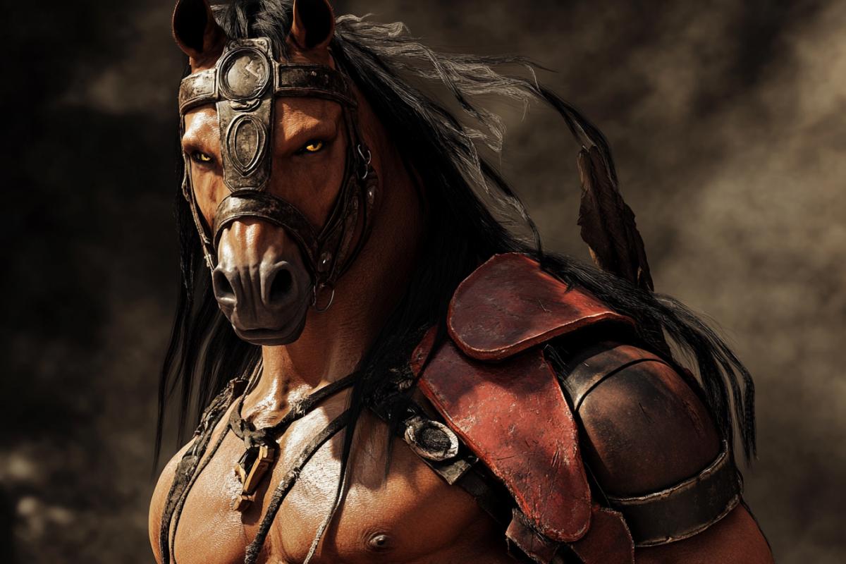 Horse Fighter in the computer game mortal kombat, in the attire and image of a game character