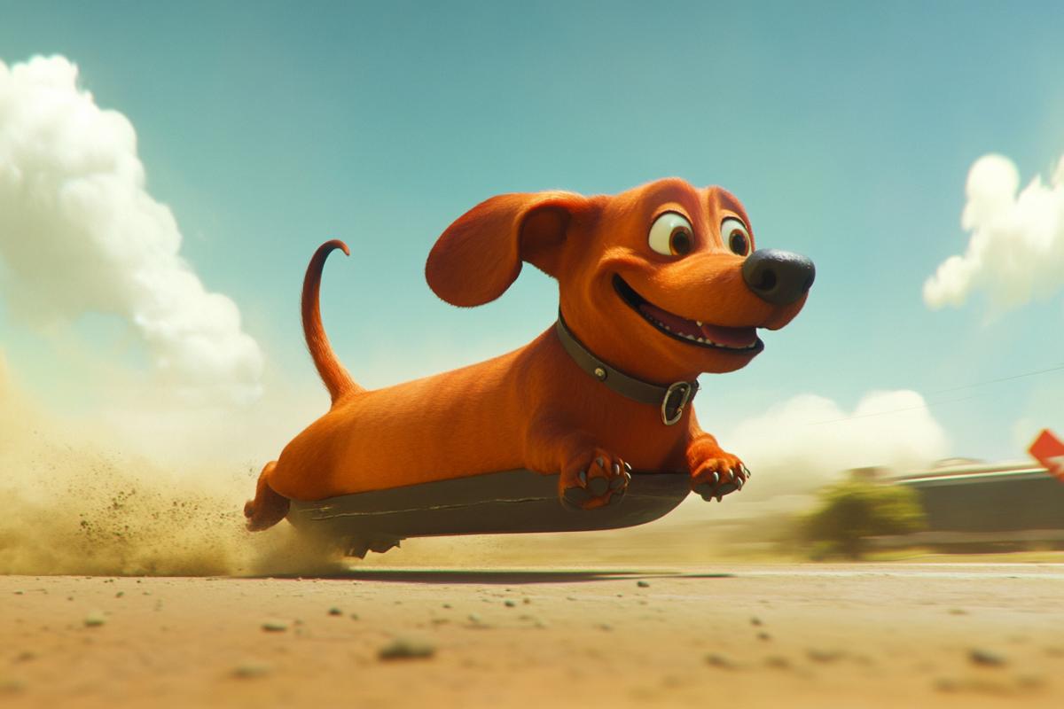 A very very long dachshund that takes part in a race is so long that its head is at the finish line and its tail is at the start pixar caricature