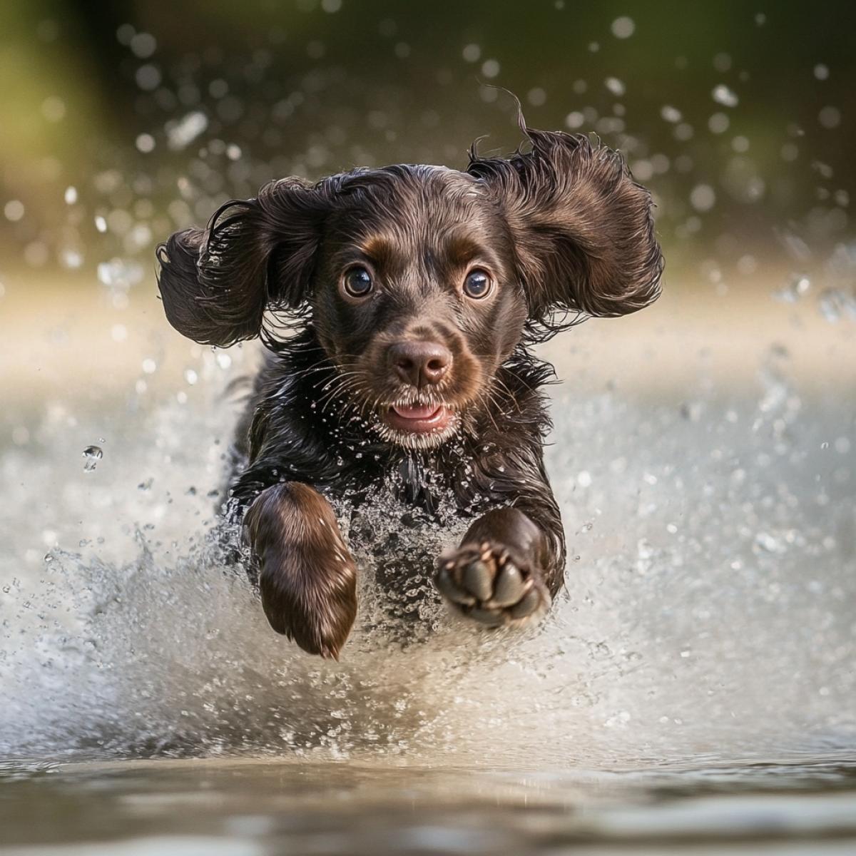 Spaniel at fun starts rushes ahead of everyone, his fur and ears develop from the speed