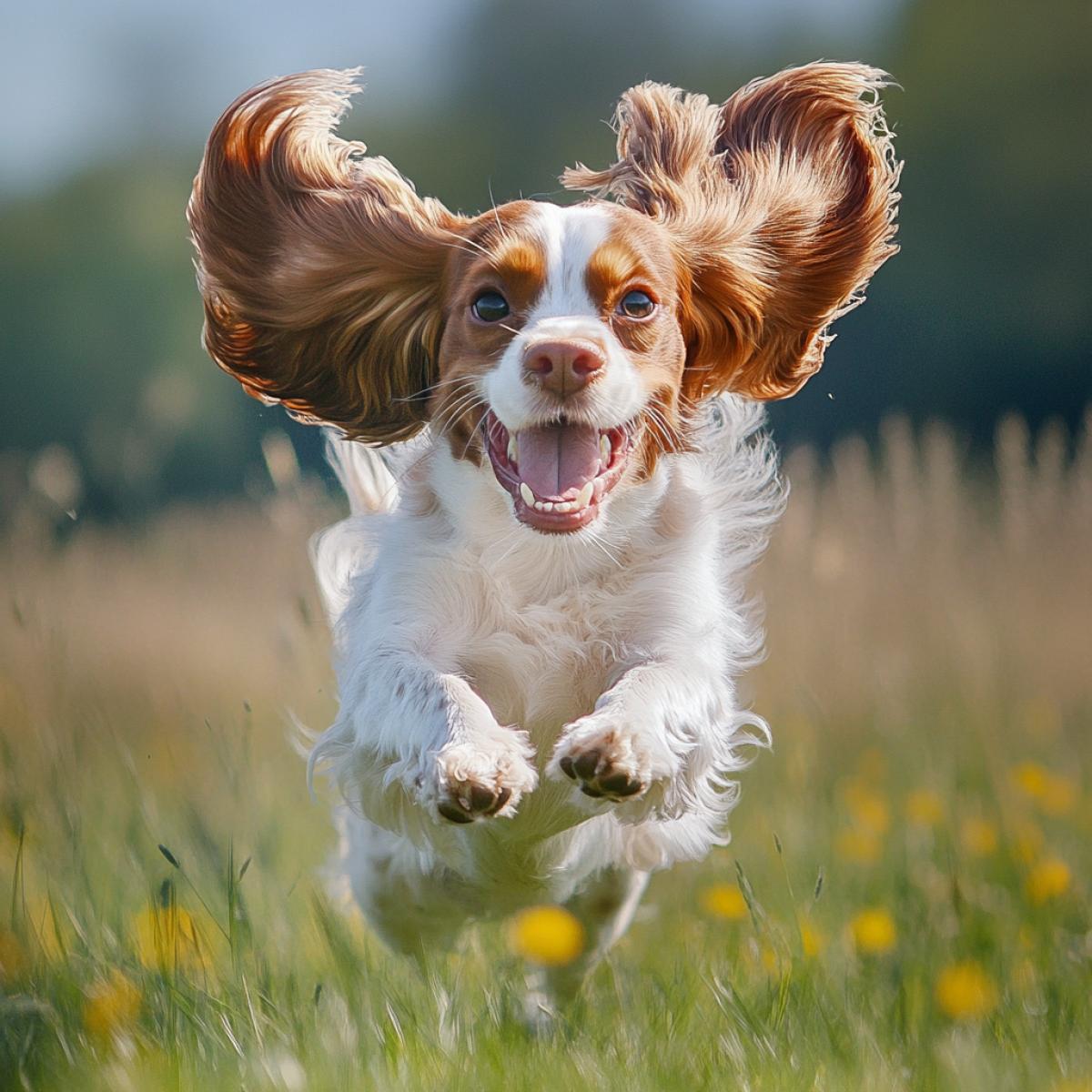 Spaniel at fun starts rushes ahead of everyone, his fur and ears develop from the speed