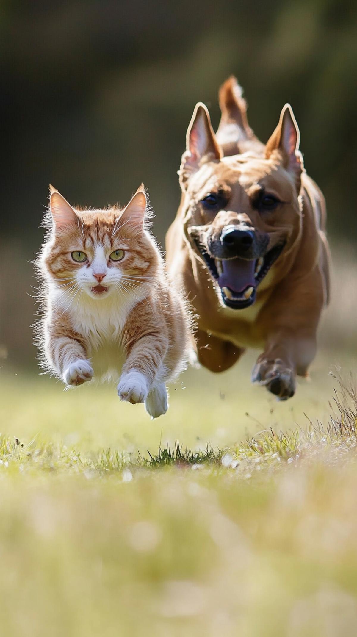 A cat runs away from a big dog at high speed