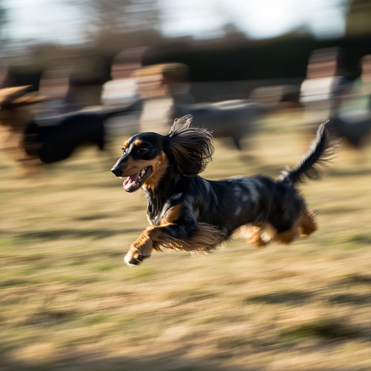 A dachshund dog rushes at full speed, its ears develop longer than its tail, its tongue extends to the middle of its , and other dogs of different breeds catch up with it from behind. Side view