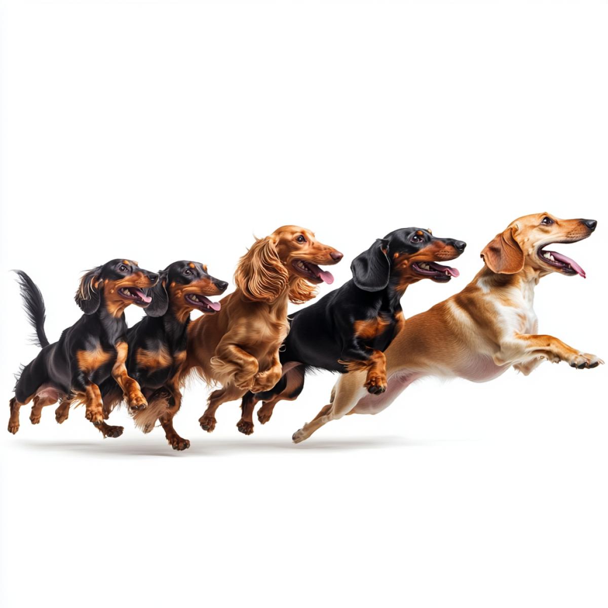 A dachshund dog rushes at full speed, its ears develop longer than its tail, its tongue extends to the middle of its , and other dogs of different breeds catch up with it from behind. Side view