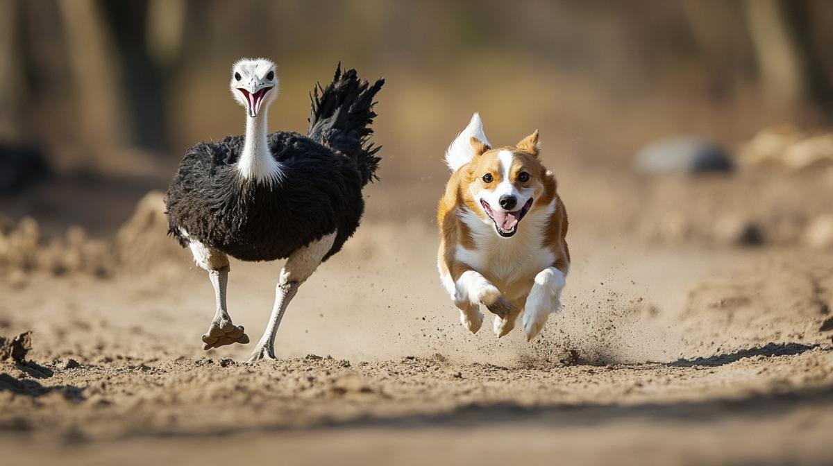 dog running race with ostrich