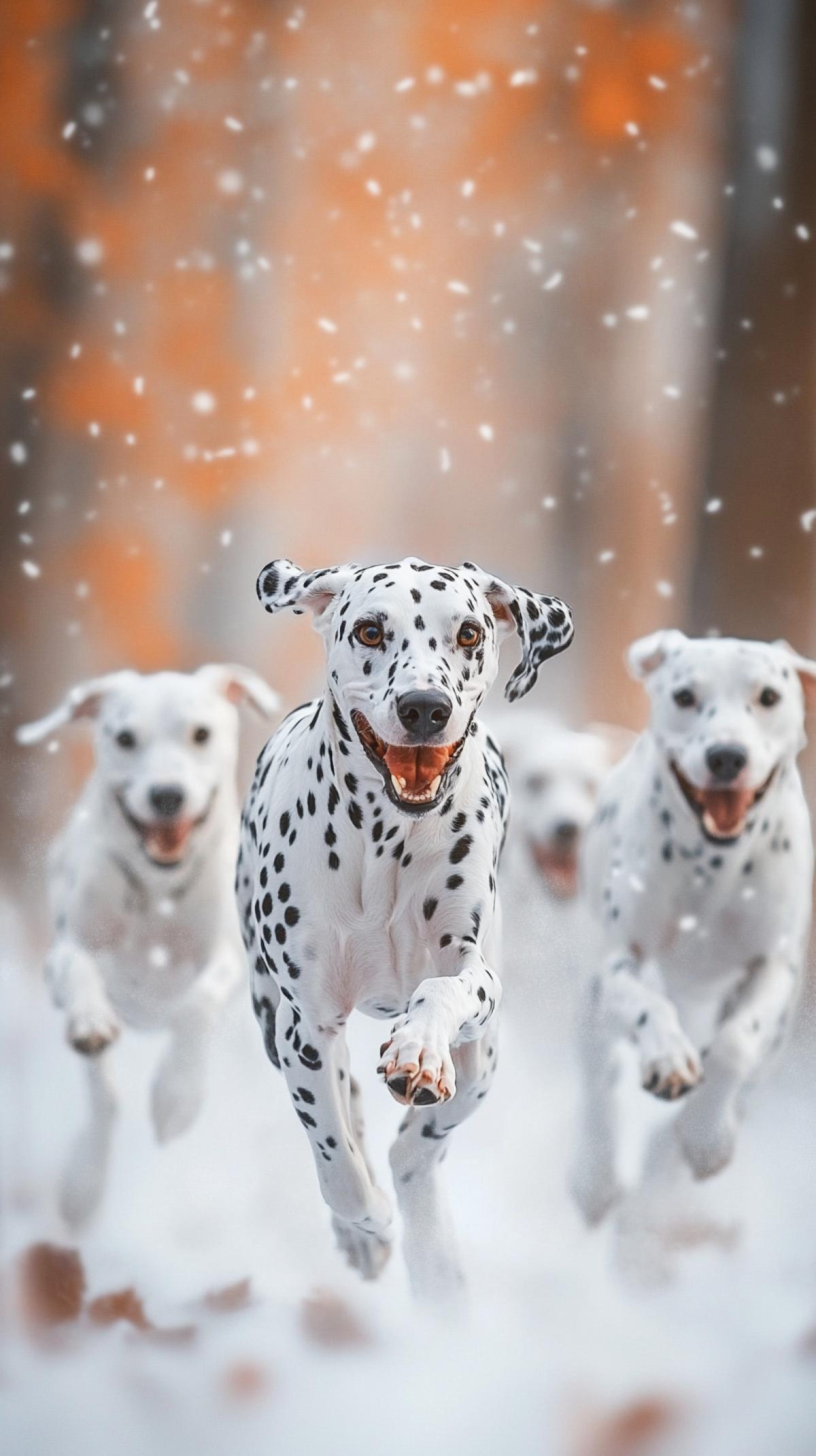 Several Dalmatian dogs are running a race through the park, realism, photography, blurred background