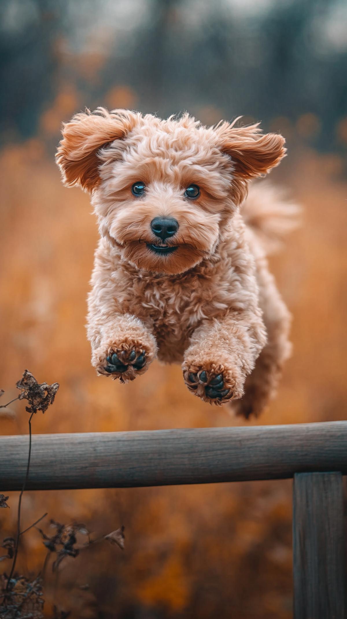 A dog of the Maltipoo breed jumps over a barrier at a competition, realism, photography, blurred background