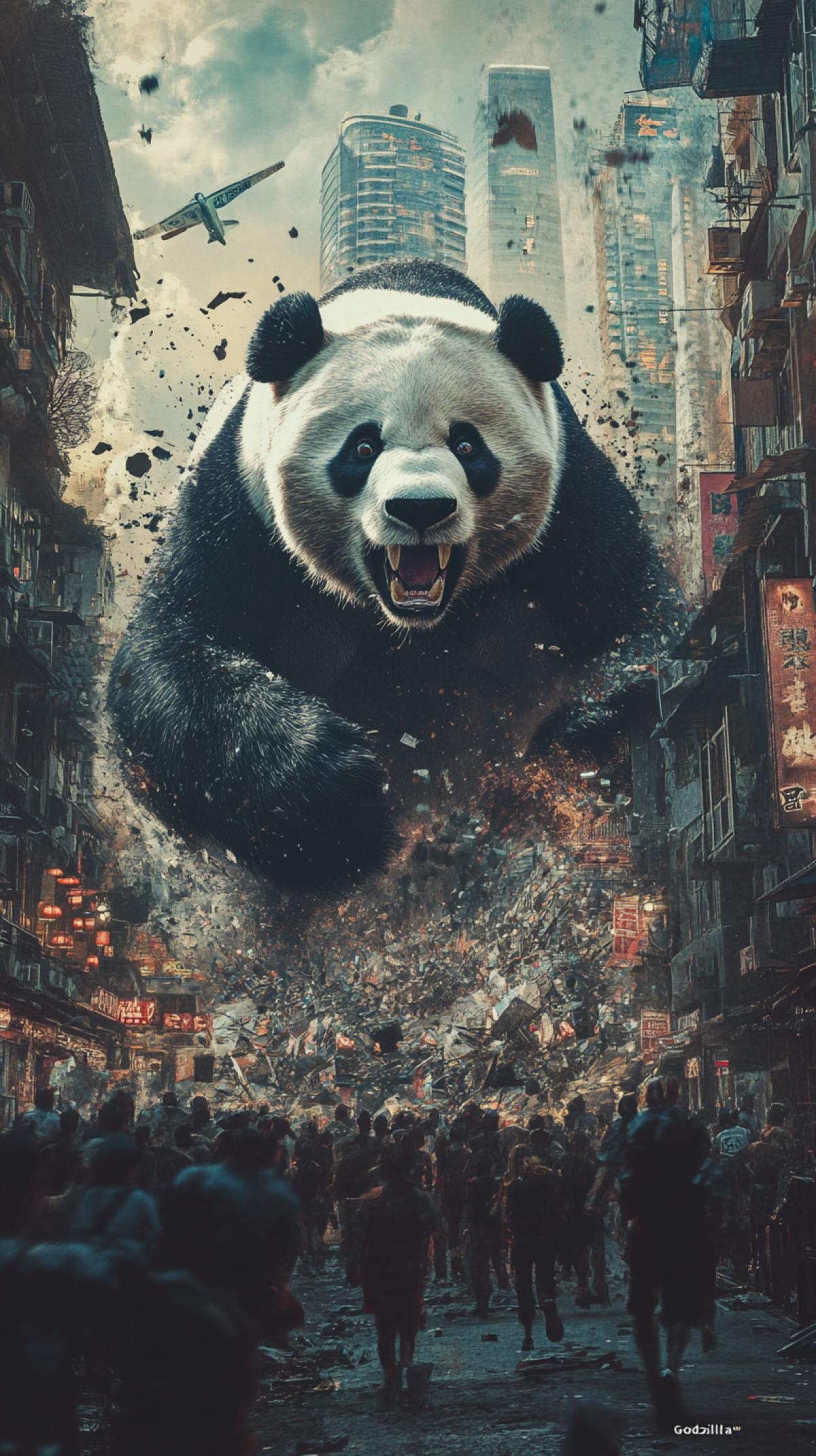 A giant panda is larger than houses, walks through the city, houses are destroyed, people are running in horror, in the style of the film \"Godzilla\", dark background, realism, photography, hd