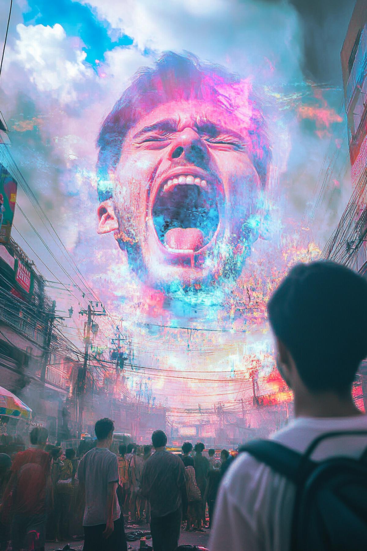 Unusual apocalypse, not a standard apocalypse, psychedelic, minimalism, everyone is happy, flickering, photoshop, people in panic