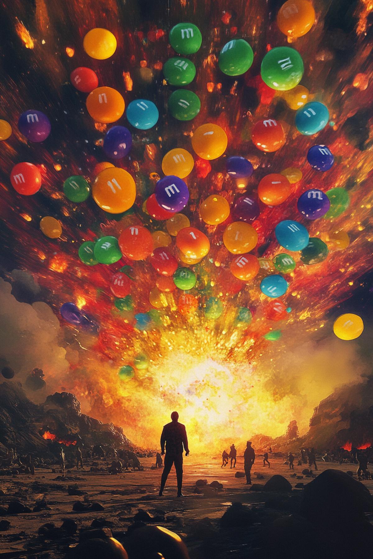 The end of the world due to M&Ms, Unusual apocalypse, not a standard apocalypse, psychedelic, minimalism, everyone is happy, flickering, photoshop, people in panic