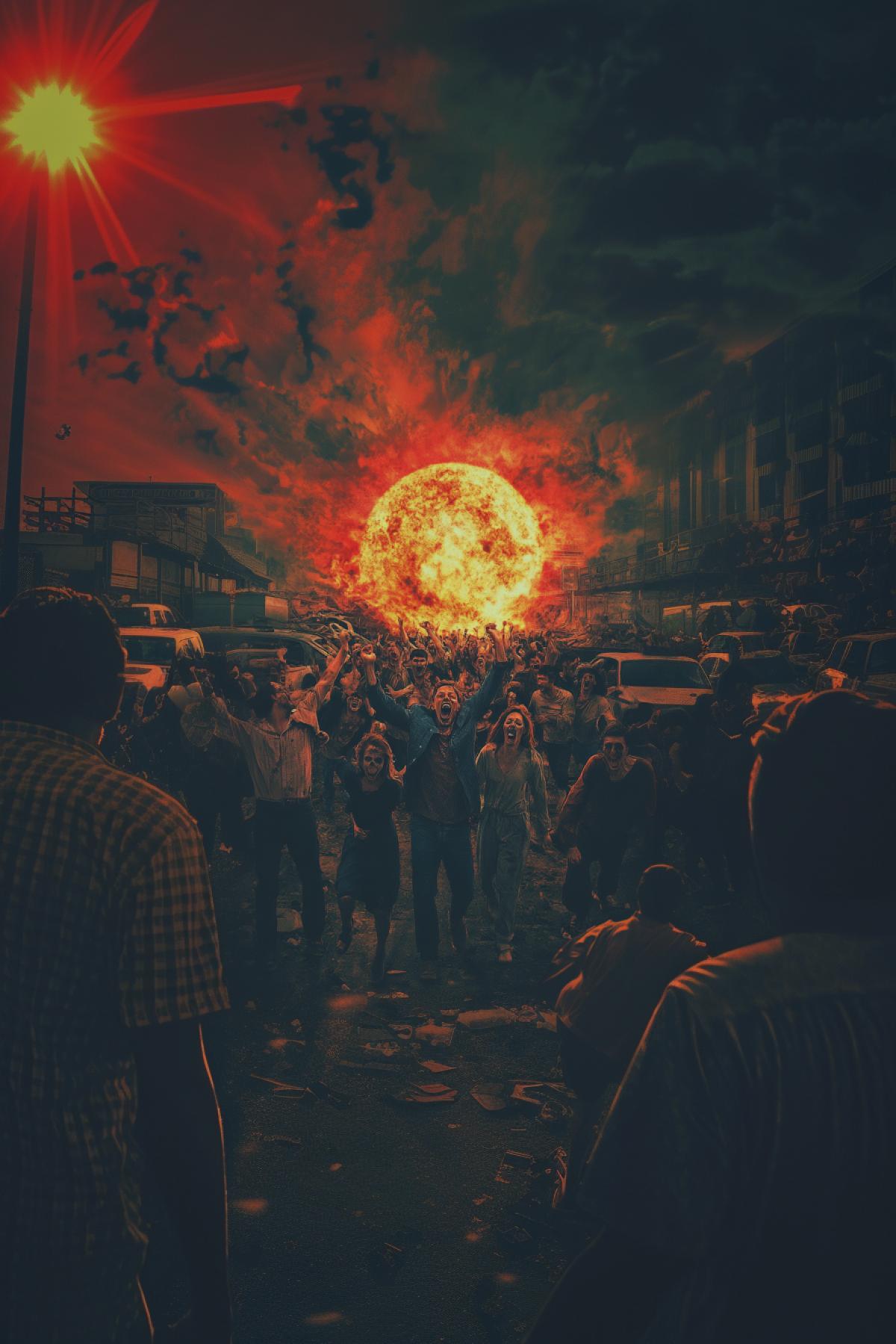 Unusual apocalypse, not a standard apocalypse, psychedelic, minimalism, everyone is happy, flickering, photoshop, people in panic