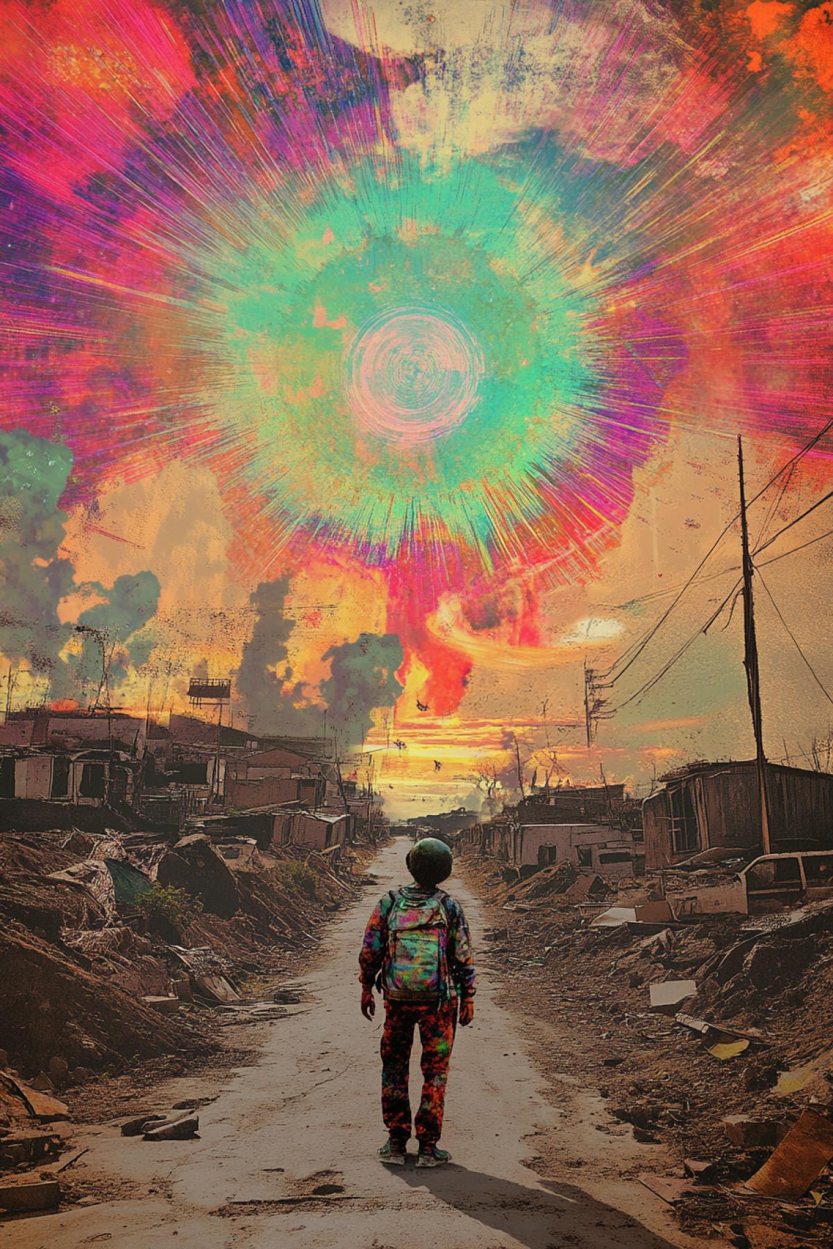 Unusual apocalypse, not a standard apocalypse, psychedelic, minimalism, everyone is happy, flicker, photoshop