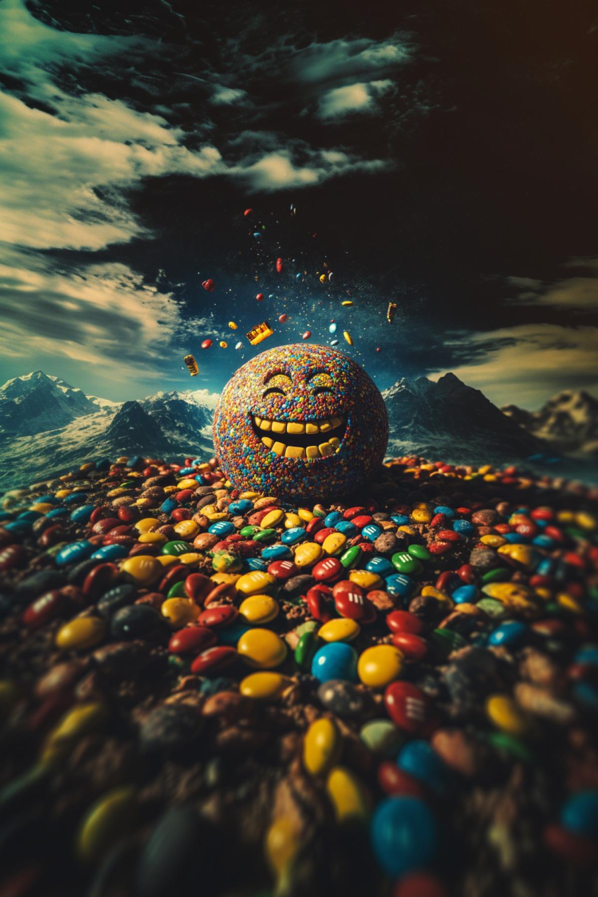 The end of the world due to M&Ms, Unusual apocalypse, not a standard apocalypse, psychedelic, minimalism, everyone is happy, flicker, photoshop