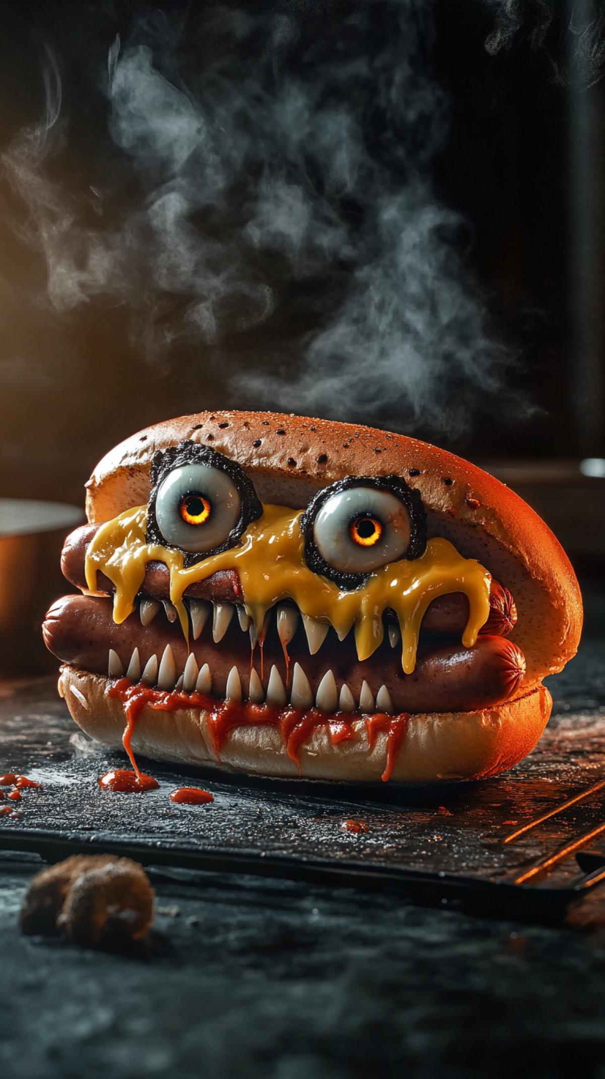 creepy hotdog with eyes and teeth, horror, fantasy, kitchen background, splashes, gloom, steam