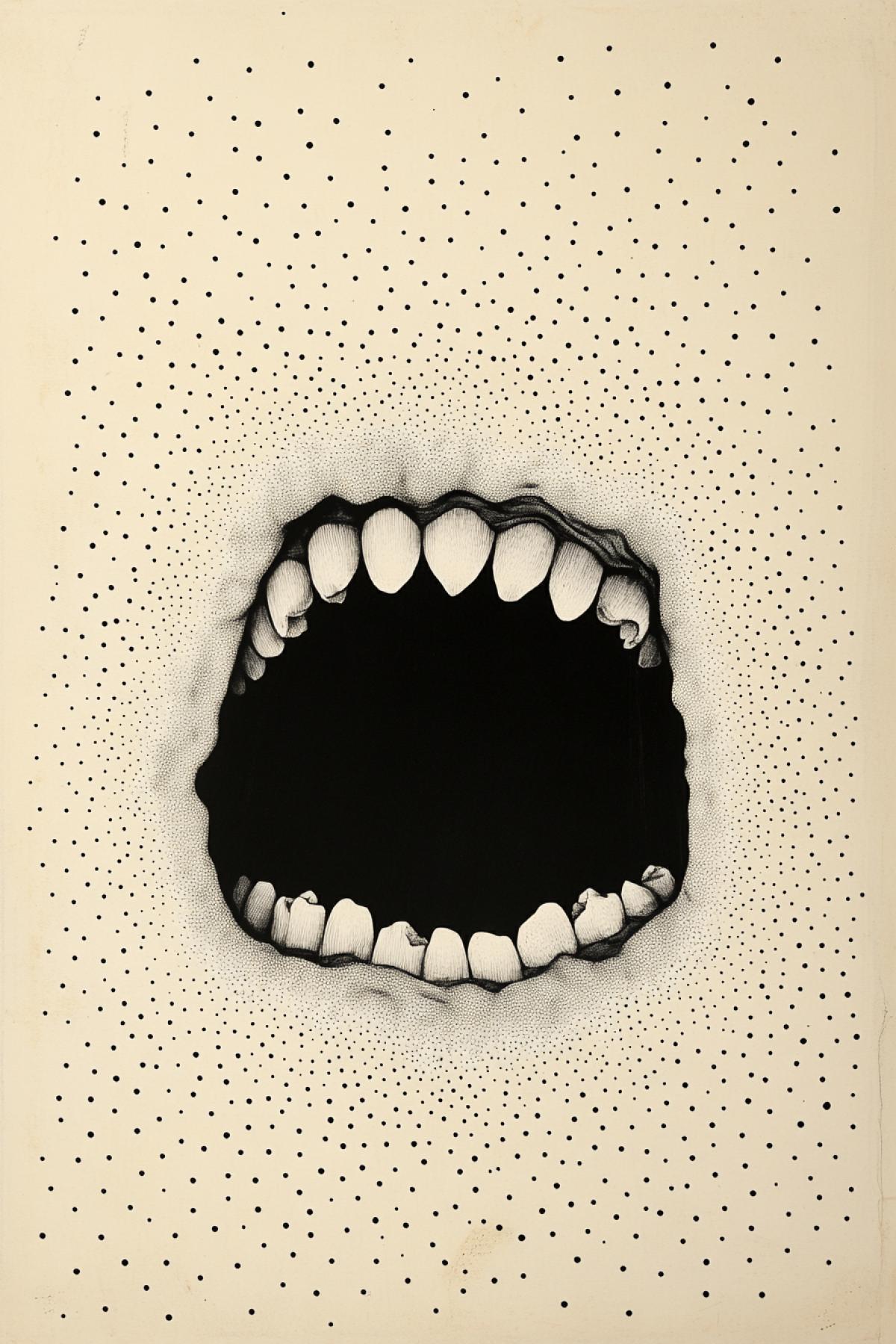 Light beige background with small dark dots. In the center, there is a dark hole. Teeth are growing out of the hole. Access is denied.
