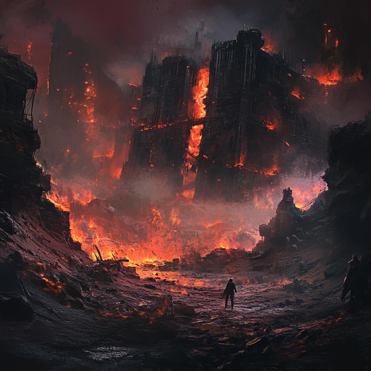 Create an image that illustrates incredible apocalypse scenarios, including destroyed cities, post-apocalyptic landscapes, human survival in extreme conditions, and elements of science fiction. Use strong contrasts and dramatic lighting to create a tense atmosphere.