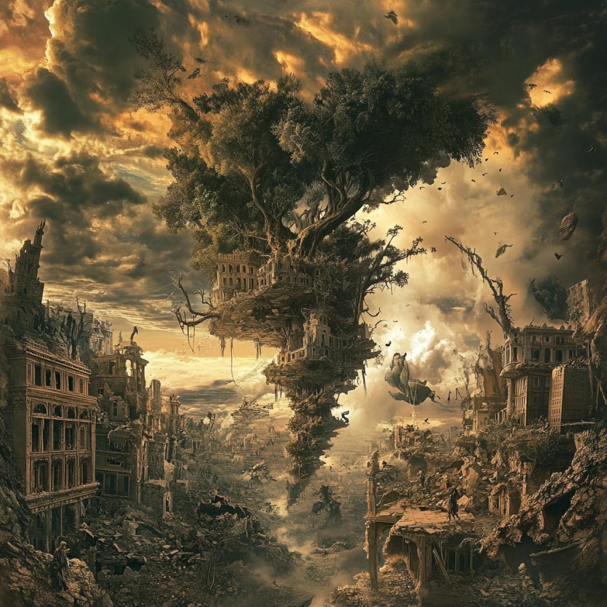 Create an image that illustrates an extraordinary and stunning apocalypse. Imagine a world heading towards disaster, in which surreal elements intertwine with fantastic and poetic imagery.. The image should include absurd combinations of forms characteristic of surrealism, such as:. Unreal landscapes with changing landscapes.. Characters that look like a mixture of humans and mythical creatures.. Elements of nature that behave unpredictably (for example, trees growing upside down).. Visualize ruined cities and desert landscapes where nature reasserts itself over human achievement.. Add elements that evoke a sense of irony or magic to highlight the contrast between reality and fantasy.