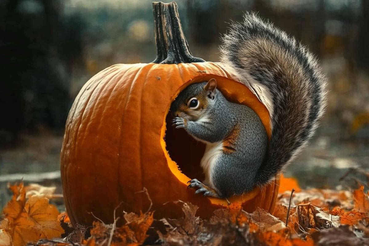 Creepy photo of a very fat squirrel stuck in a pumpkin ghost vampire Halloween mysticism horror