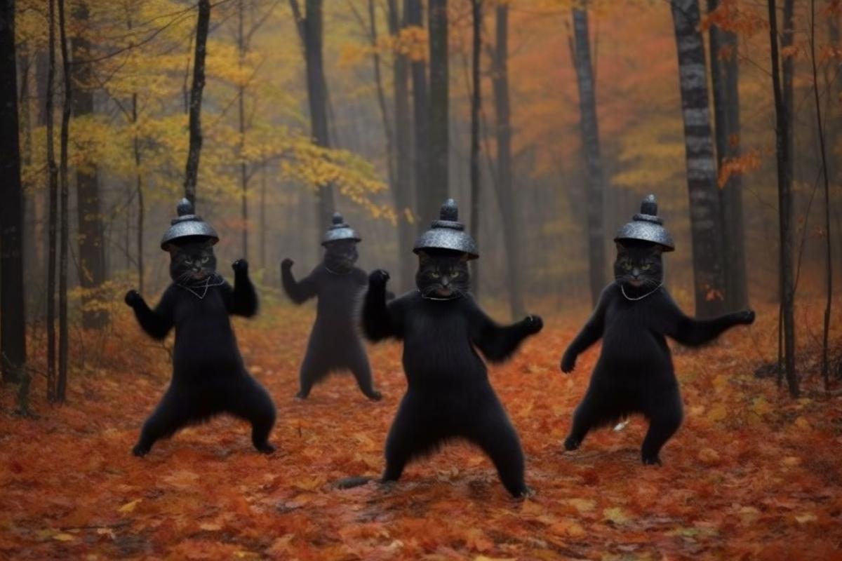 Cats dance in a mystical forest in Halloween style 🎃