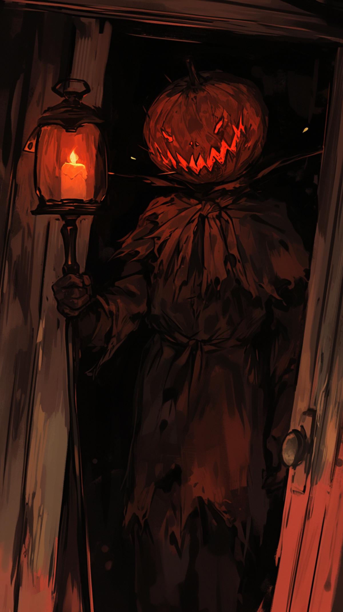 halloween pumpkins with candle inside, pumpkin jack, night, halloween pumpkin stands on the porch of a witchs house, halloween style, horror style, Kazuo Oga Ghibli Background ArtColor Style. Neutral Emotions, Only Background, Light Colors, Little Saturation, detailed costumes, pendleton ward,realistic depiction of light, light red and dark, solarizing master, cut/ripped, energetic frenzy
