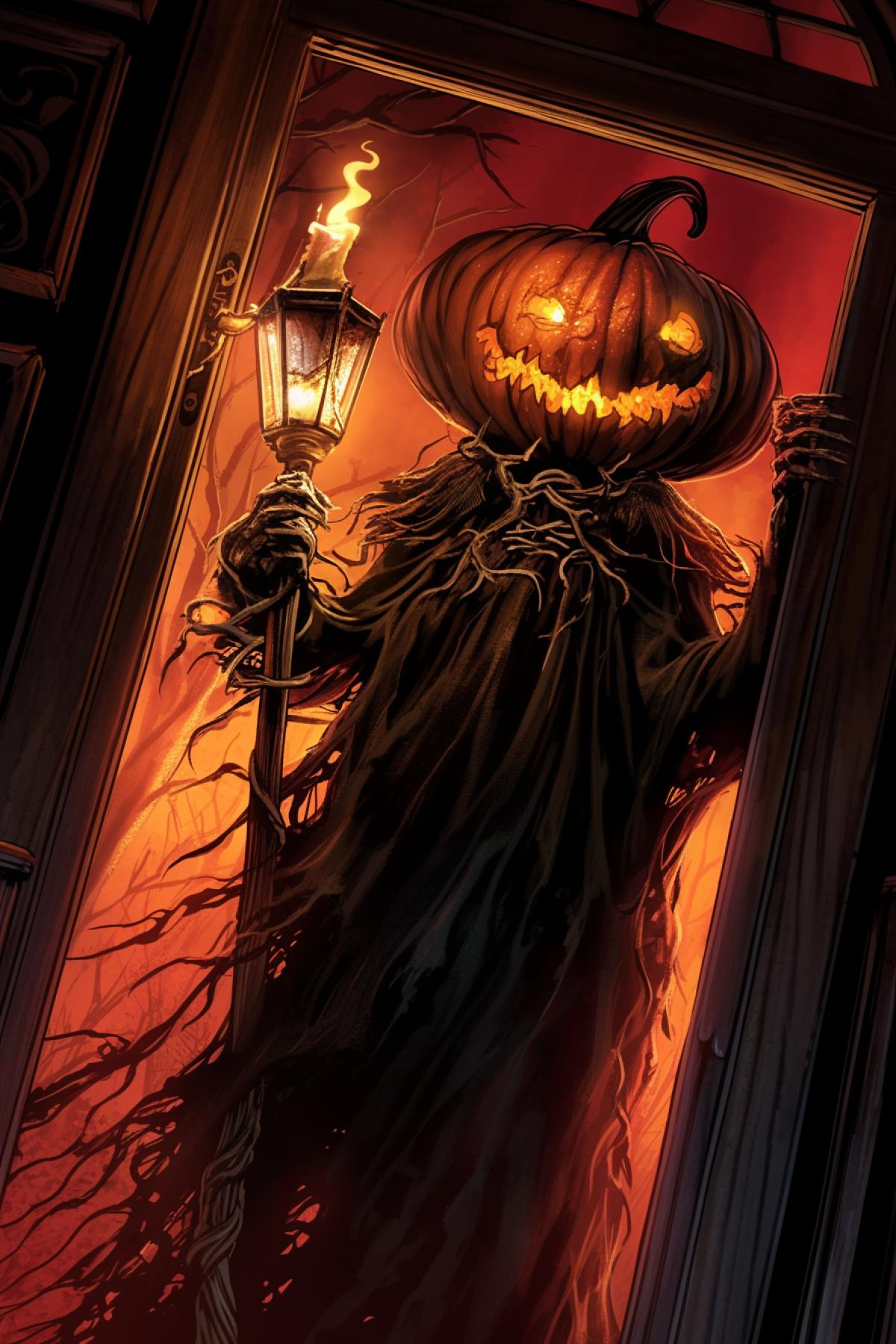 halloween pumpkins with candle inside, pumpkin jack, night, halloween pumpkin stands on the porch of a witchs house, halloween style, horror style, Kazuo Oga Ghibli Background ArtColor Style. Neutral Emotions, Only Background, Light Colors, Little Saturation, detailed costumes, pendleton ward,realistic depiction of light, light red and dark, solarizing master, cut/ripped, energetic frenzy