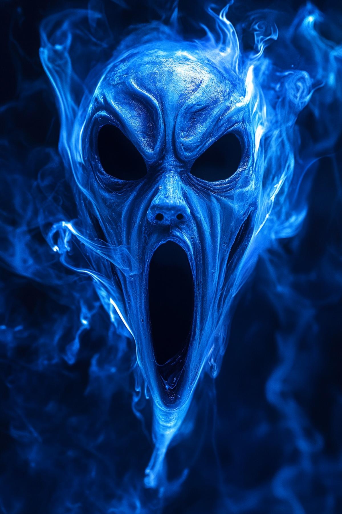 A mask from the movie scream, blue fire comes out of the mask, mystical Halloween, Halloween. Philosophy, psychology, psychedelic, shimmer. Realistic image, photoshop