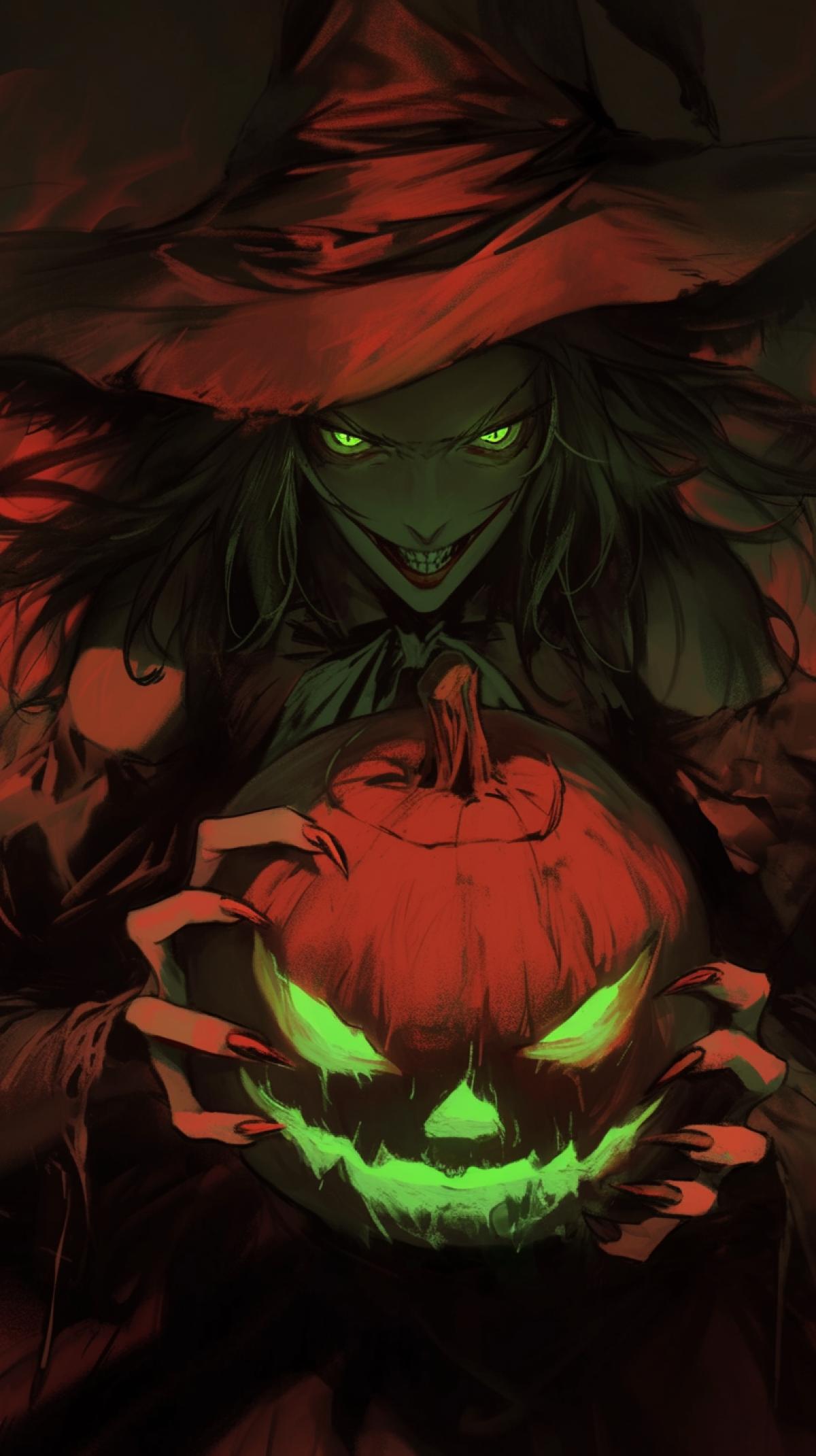 beautiful girl witch, with green eyes and dark hair, in a witch hat, holding a Halloween pumpkin in her hands, the pumpkin has glowing green eyes, Halloween theme, horror style, front view, halloween style, horror style, Kazuo Oga Ghibli Background ArtColor Style. Neutral Emotions, Only Background, Light Colors, Little Saturation, detailed costumes, pendleton ward,realistic depiction of light, light red and dark, solarizing master, cut/ripped, energetic frenzy