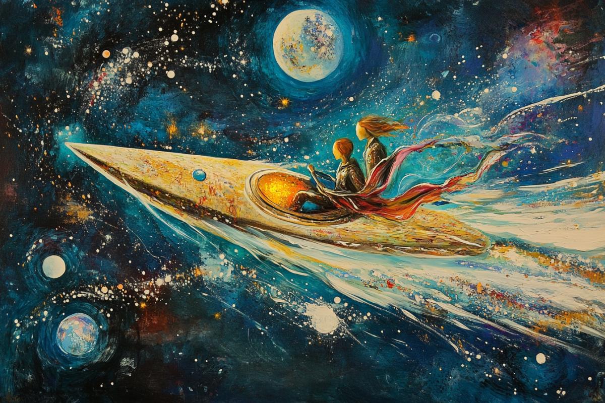 A couple in love on a space kayak flies through space, galaxy into a parallel world, surrealism
