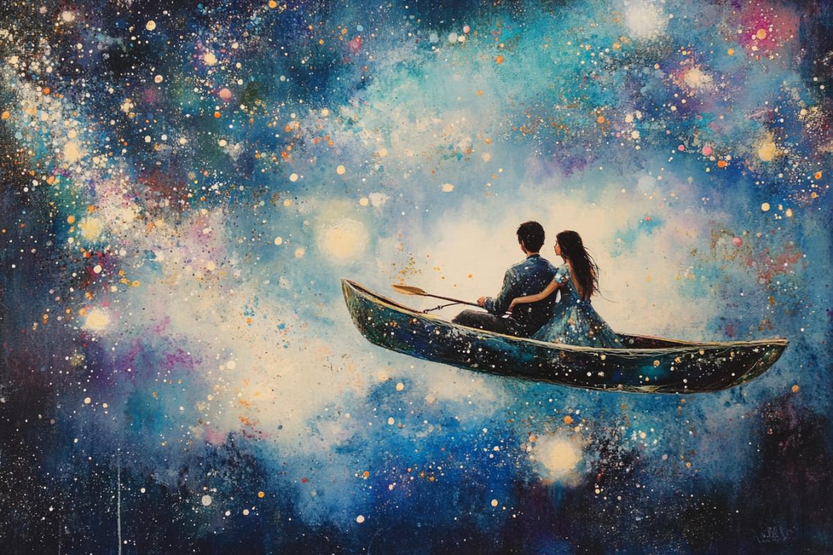 A couple in love on a space kayak flies through space, galaxy into a parallel world, surrealism