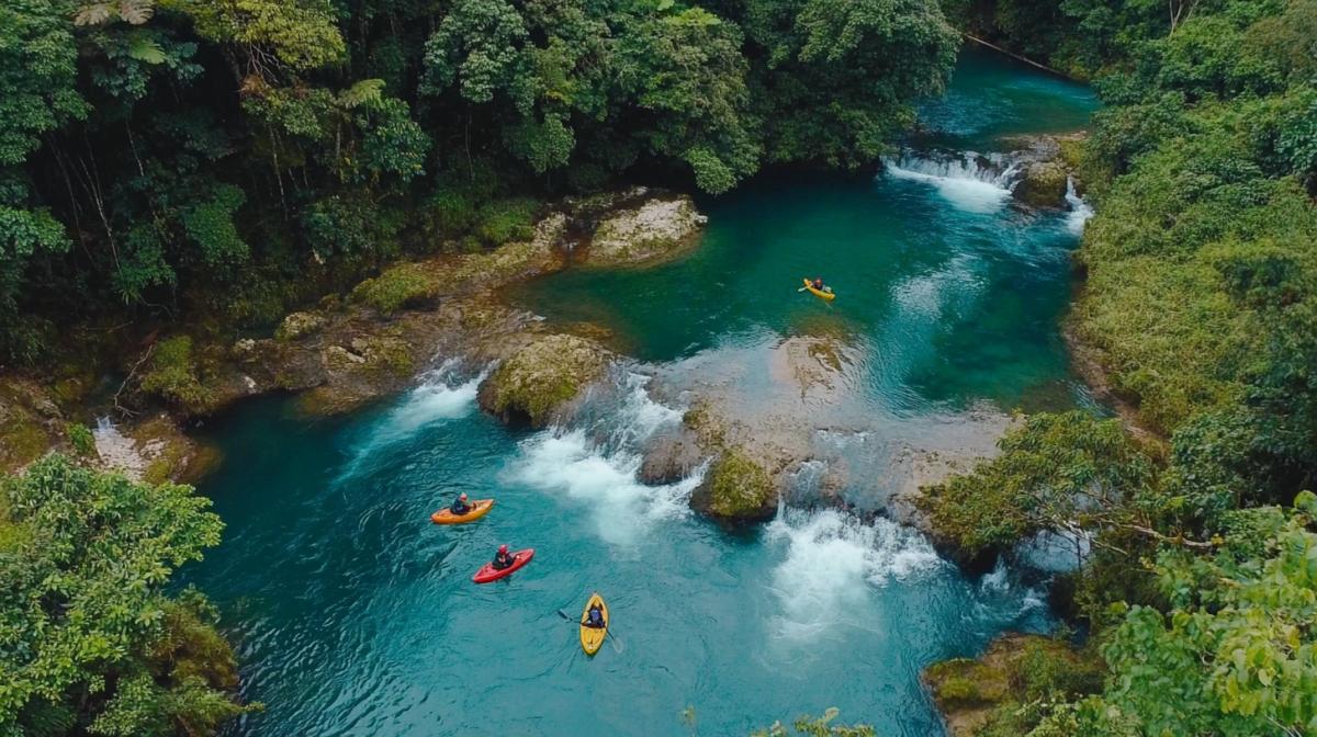 Kayakers on a walk along forest rivers