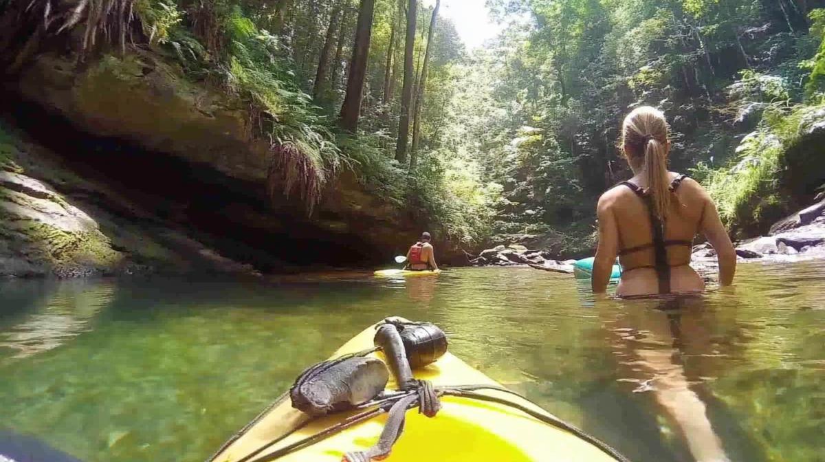 Kayakers on a walk along forest rivers