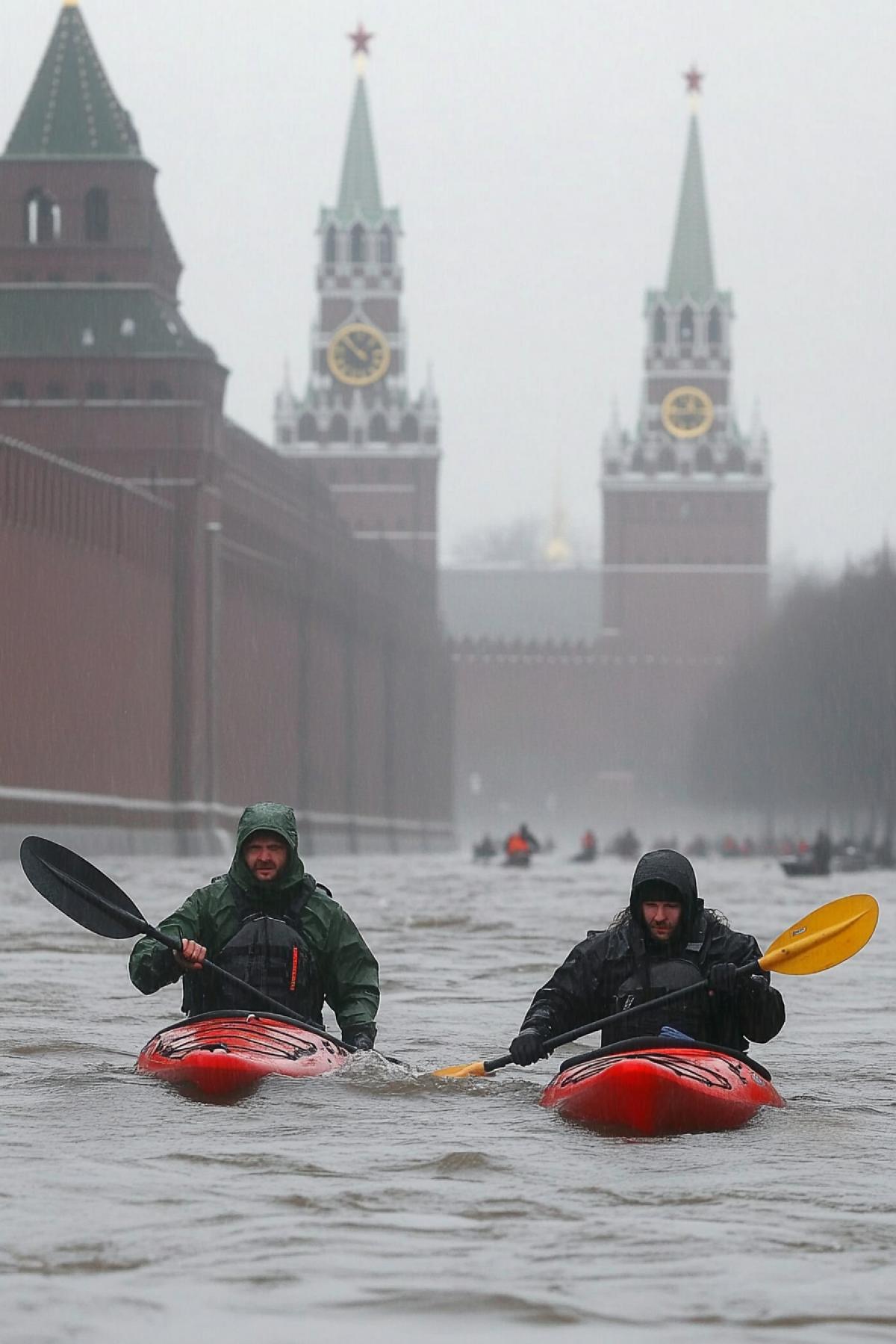 Flooding on Red Square in Moscow. People on kayaks.